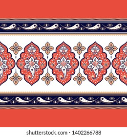 Indian paisley pattern vector seamless border. Arabesque floral background design. Ethnic vintage flower motif. Gypsy bohemian batik print for women scarf, wallpaper, blanket fabric.