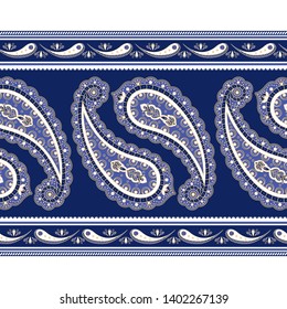Indian paisley pattern vector seamless border. Luxury floral oriental motif for rug, shawl fabric or wallpaper. Vintage arabic ornament print. Boho design for clothing textile.