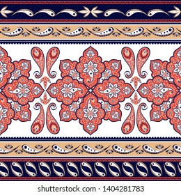 Indian paisley pattern vector seamless border. Mandala flower medallion motif for fabric or wallpaper. Vintage floral ornament print background. Ethnic design for women scarf or clothing.