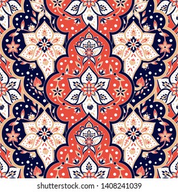 Indian paisley pattern vector seamless. Arabesque border floral medallion print. Ethnic vintage flower motif ornament. Turkish design for muslim woman scarf, wallpaper, curtain, blanket textile.