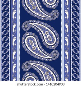 Indian paisley pattern vector seamless border. Luxury floral oriental motif for decoration clothing, fabric or wallpaper. Vintage flower ornament print. Ethnic design for women scarf or clothing.
