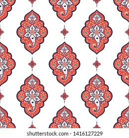 Indian paisley pattern vector seamless. Flower arabesque damask ornament motif. Batik Indonesia ethnic print. Oriental design for wallpaper, upholstery fabric, curtain textile, boho blanket.