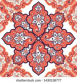 Indian paisley pattern vector seamless. Mandala floral medallion print. Vintage flower ethnic motif ornament texture. Persian background for wallpaper, curtain, carpet, blanket, scarf design.