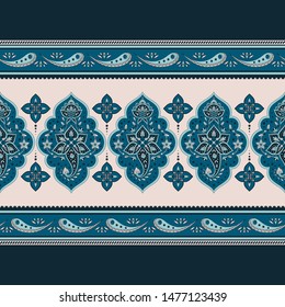 Indian paisley pattern vector seamless border. Arabesque medallion motif for fabric or wallpaper. Ethnic floral ornament print. Persian design for women textile, blanket, curtain, scarf, sarong.