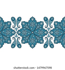 Indian paisley pattern vector seamless border. Arabesque persian floral medallion motif. Oriental ethnic ornament print. Mandala flower design decoration.