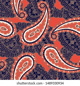 Indian paisley pattern vector seamless. Floral oriental background for silk scarf, kalamkari fabric or vintage wallpaper. Turkish ethnic ornament design for curtain, rug, carpet, blanket.