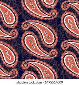 Vector indio del patrón de Paisley sin costuras. Fondo oriental floral para tela kalamkari, bufanda de seda o Fondo de pantalla vintage. Diseño de adorno étnico de damasco para cortina, alfombra, alfombra, manta.