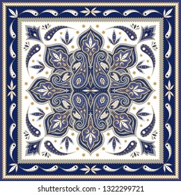 Indian paisley pattern vector. Silk scarf medallion fabric print. Floral mandala and vintage flower ethnic ornament. Damask design for woman shawls, carpet, rug, pillow, bandana, tile texture.