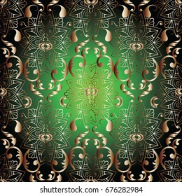 Indian paisley seamless pattern. Floral green background wallpaper illustration with vintage gold 3d paisley flowers and luxury beautiful ornaments. Vector royal texture for fabric,textile