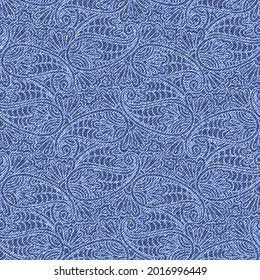 Indian paisley seamless pattern on Denim texture. Repetitive Turkish cucumber ornament on blue Jeans textured background. Vector illustration