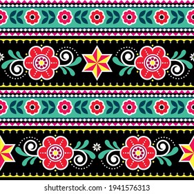 Indian and Pakistani decorative truck art vector seamless pattern, retro floral Diwali vibrant pattern in black and green. Colorful retro ornament inspired by traditional lorry and rickshaw art 