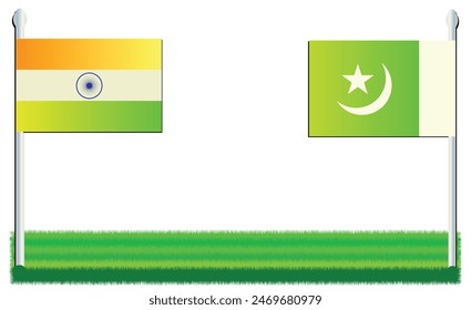 Indian and Pakistani national flag on grass with poll. Flags editable vector EPS available