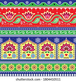 Indian or Pakistani truck art floral seamless vector pattern, Jingle trucks vibrant repetitive design,  vivid ornament with lotus flowers and abstract shapes. Diwali happy background