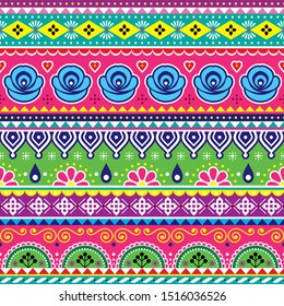 Indian or Pakistani truck art vector seamless pattern, colorful design with geometric shapes and flowers. Floral repetitive textile or wallpaper background, popular lorry and rickshaw decoration