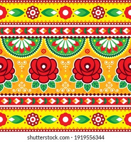 Indian and Pakistani truck art vector seamless pattern design with roses, floral Diwali vibrant pattern. Colorful retro ornament inspired by traditional lorry and rickshaw art from India and Pakistan