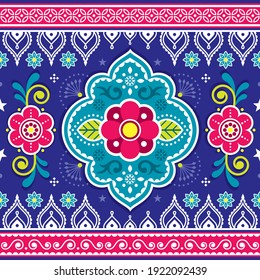 Indian and Pakistani truck art vector seamless pattern design with flowers and geometric shapes, vibrant traditional Diwali ornament. Repetitive textile ornament from Pakistan and India
