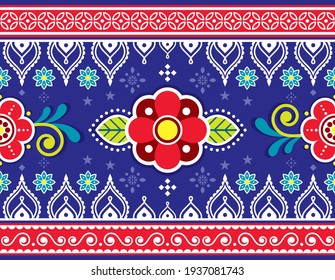 	
Indian and Pakistani truck art vector seamless pattern design with flowers and geometric shapes - long horizontal ornament. Repetitive textile or wallpaper inspired by traditional lorry art