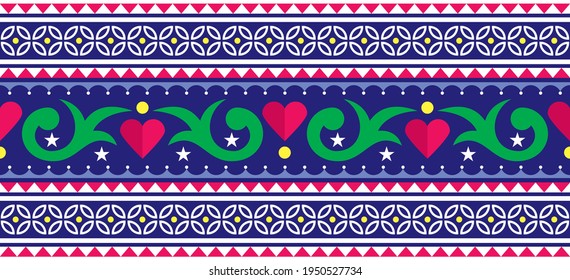 Indian and Pakistani truck art vector long stripe seamless pattern design with flowers and hearts. Repetitive textile or wallpaper background inspired by traditional lorry and rickshaw art