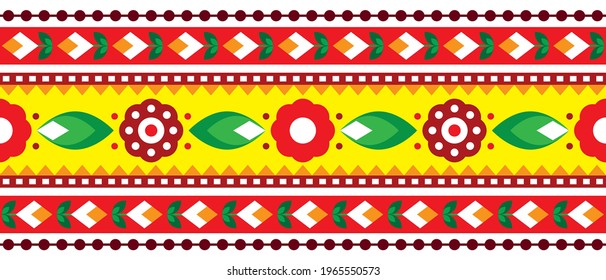 Indian and Pakistani truck art vector seamless pattern long horizontal design, Diwali vibrant textile or fabric print pattern with floral motif. Decorative ornament with flowers 