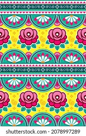Indian and Pakistani truck art vector seamless textile or fabric print pattern design with roses, floral Diwali vibrant background in pink and green. Colorful traditional wallpaper