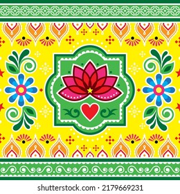 Indian and Pakistani truck art vector seamless pattern with lotus flower, heart and geometric shapes, traditional Diwali design. Repetitive textile, fabric print or wallpaper ornament 