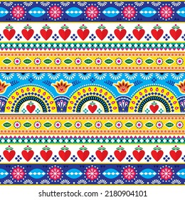 Indian and Pakistani truck art vector seamless pattern, traditioanl Jingle trucks inspired design with hearts anf flowers Colorful repetitive Diwali ornament inspired by traditional lorry art