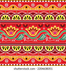 Indian and Pakistani truck art vector seamless pattern design with flowers and leaves in red and yellow. 
Repetitive textile or wallpaper background inspired by retro lorry and rickshaw decor