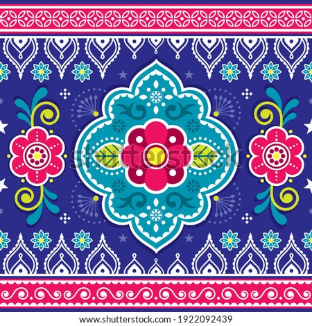 Indian and Pakistani truck art vector seamless pattern design with flowers and geometric shapes, vibrant traditional Diwali ornament. Repetitive textile ornament from Pakistan and India