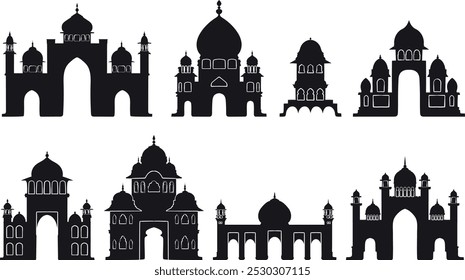 Indian palaces, parts of architecture, traditional famous landmark, design elements. Vector illustration