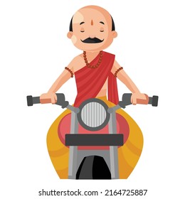 Indian Pandit Is Riding Bike. Individually On White Background.	