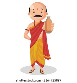 Indian pandit is showing holy water bottle. Vector graphic illustration. Individually on white background.	