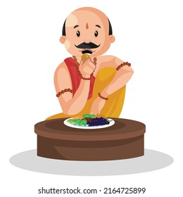 Indian pandit is sitting on floor and eating food. Vector graphic illustration. Individually on white background.	