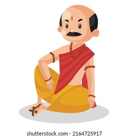 Indian pandit is sitting on floor. Vector graphic illustration. Individually on white background.	