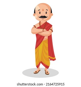 Indian pandit is standing with smiling face. Vector graphic illustration. Individually on white background.	