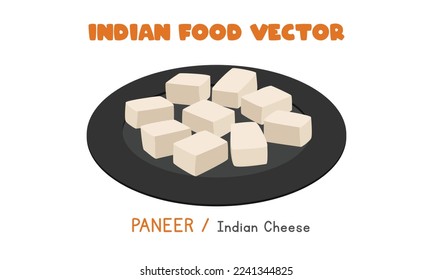 Indian Paneer - Indian cheese flat vector illustration isolated on white background. Paneer on plate clipart cartoon. Asian food. Indian cuisine. Indian food