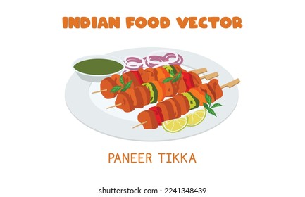 Indian Paneer Tikka - Indian grilled paneer tandoori snack flat vector illustration isolated on white background. Paneer Tikka clipart cartoon. Asian food. Indian cuisine. Indian food