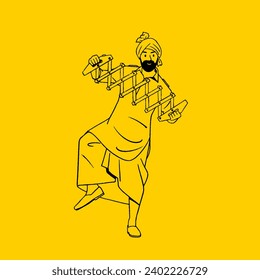 Indian Panjabi man celebrating Lohri festival, Baisakhi Festival, happy dancing woman outline vector illustration 