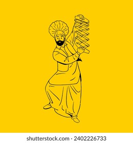 Panyabí indio celebrando el festival Lohri, el Festival Baisakhi, la feliz danza de la mujer delinea ilustración vectorial 