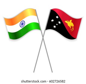 Indian and Papuan crossed flags. India combined with Papua New Guinea isolated on white. Language learning, international business or travel concept.