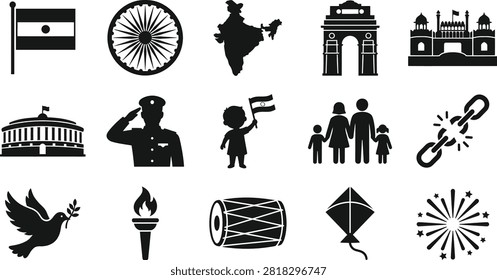 Indian patriotic elements, flag, map, Ashoka Chakra, monuments, people.