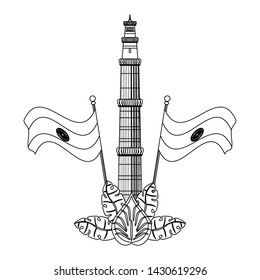 Indian patriotic emblems cartoons tower and flags with flower isolated vector illustration graphic design