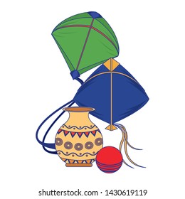 Indian patriotic emblems decorative porcelain jar and kites cartoons isolated vector illustration graphic design
