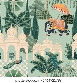 Indian pattern with elephant, palm, trees and peacocks. Vintage landscape wallpaper.