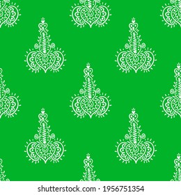 Indian pattern. The ornament is white on a green background. The motive is Indian.Floral pattern on blue background for textile, fabric, packaging paper, background, wallpaper, material.
