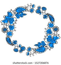Indian pattern paisley round circle frame, type geometric floral botanical ornaments black and white blue, background design retro vintage bohemia. An boho style icon, vector illustration