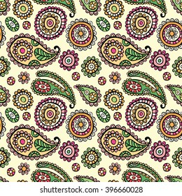 Indian pattern. Paisley pattern. Vector seamless pattern (background). Color drawing.