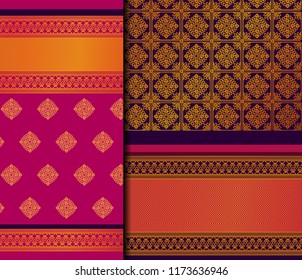 Indian Pattu Sari Vector pattern set. Traditional handmade Indian silk sari /saree with golden details, woman wear on festival, ceremony, and weddings.