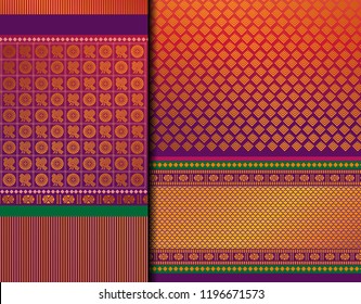 Indian Pattu Sari Vector Pattern Set. Traditional Handmade Indian Silk Sari /saree With Golden Details, Woman Wear On Festival, Ceremony, And Weddings. Gold Thread Sari Also Known As Kanjeevaram.