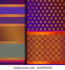 Indian Pattu Sari Vector pattern set. Traditional handmade Indian silk sari /saree with golden details, woman wear on festival, ceremony, and weddings. Gold thread sari also known as Kanjeevaram.