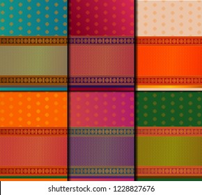 Indian Pattu Sari Vector pattern set. Traditional handmade Indian silk sari /saree with golden details, woman wear on festival, ceremony, and weddings. Gold thread sari also known as Kanjeevaram.